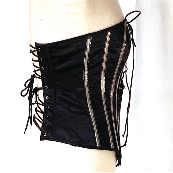 Lace front Black Satin Boned Bustier - Picture 3 of 8